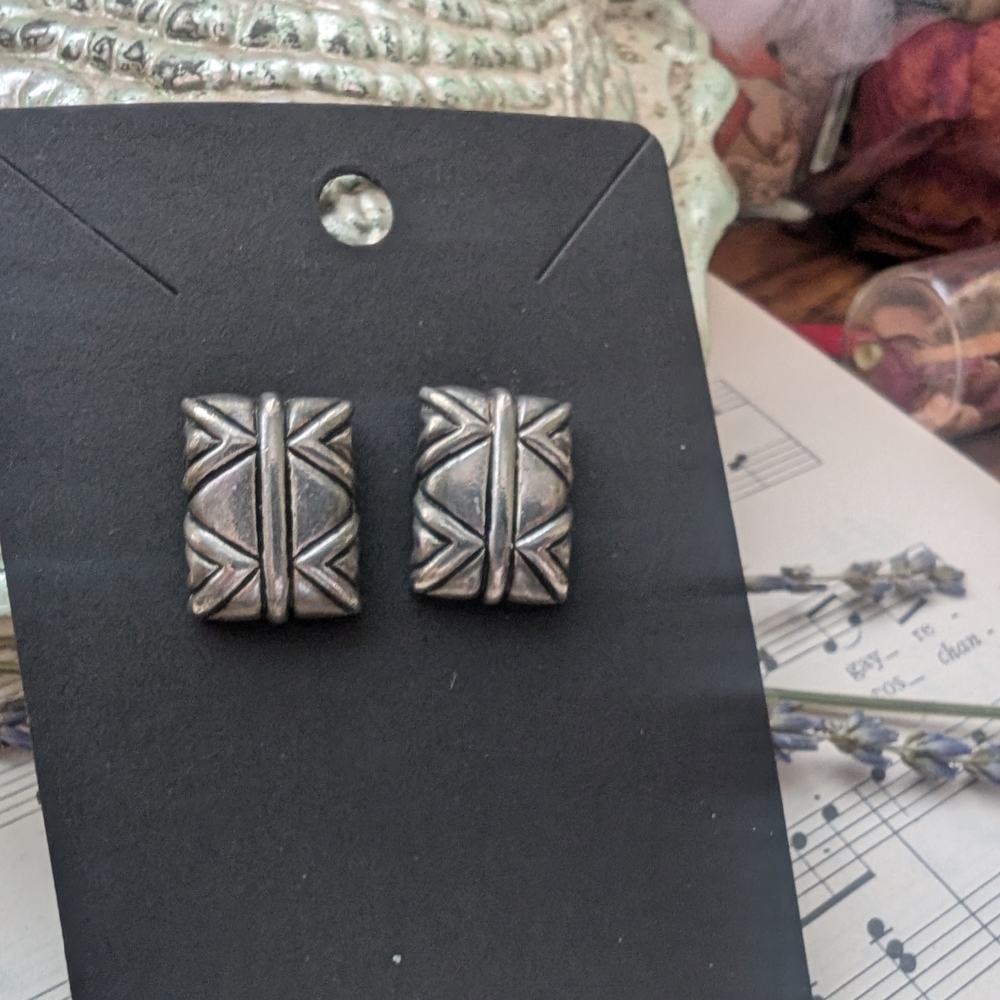 Silver Geometric Stud Earrings - Picture 4 of 7